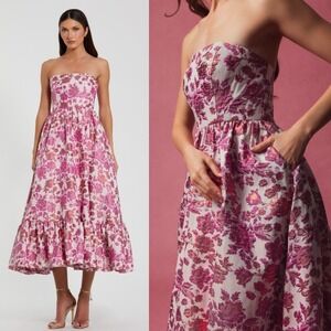 NWT Mac Duggal Pink Floral Brocade Strapless A Line Ruffle Midi Dress - Size 4